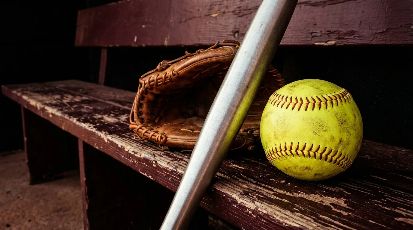 A worn leather glove, a metal bat, and a yellow softball resting together on a weathered maroon dugout bench.
