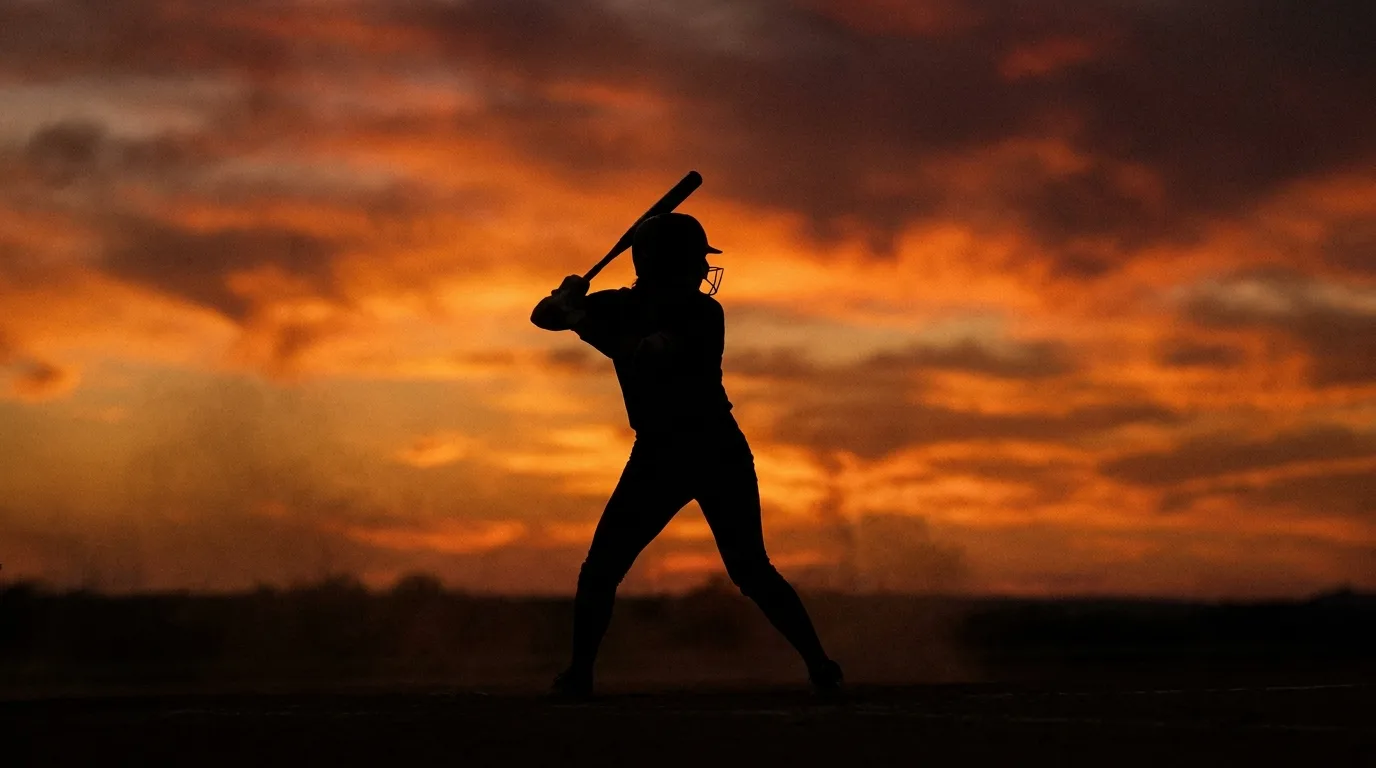 A young softball player in a batting stance, silhouetted against a blazing orange and maroon sunset sky.
